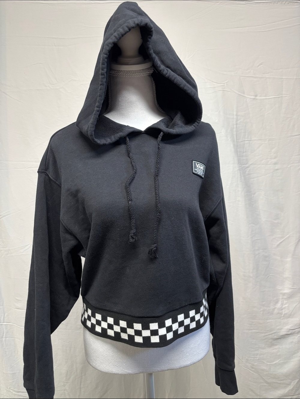 Vans Black Cropped Hoodie with Checkerboard Hem